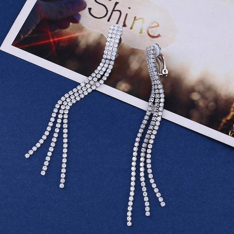 YOQUCOL Cubic Zirconia Crystal Long Drop Dangle Tassel Clip On Earrings CZ Not Pierced For Women - Image 4